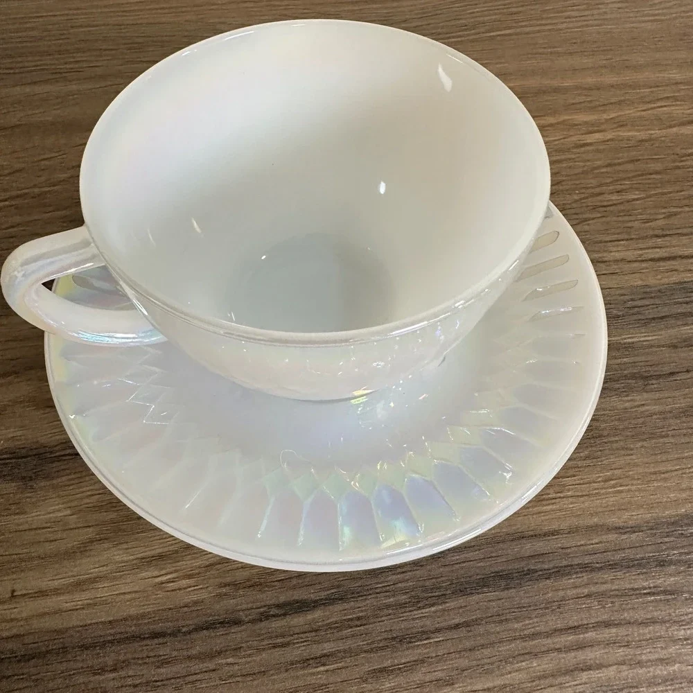 Federal Glass Moonglow Iridescent Tea Cup Saucer Set Vintage 1960s Lustre 6pc